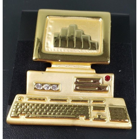 Vintage AJC Signed Desktop Computer w/Rhinestons Pin Brooch - Picture 3 of 9